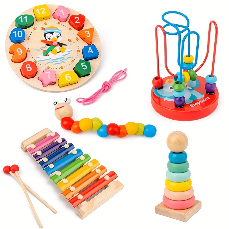 5 In 1 Preschool Education Toys Set, Montessori Learning Color Shape Number  Early Intelligence Development Toys For Boys And Girls Wooden Stacking  Sorting Puzzles Rainbow Stacker Musical Instruments