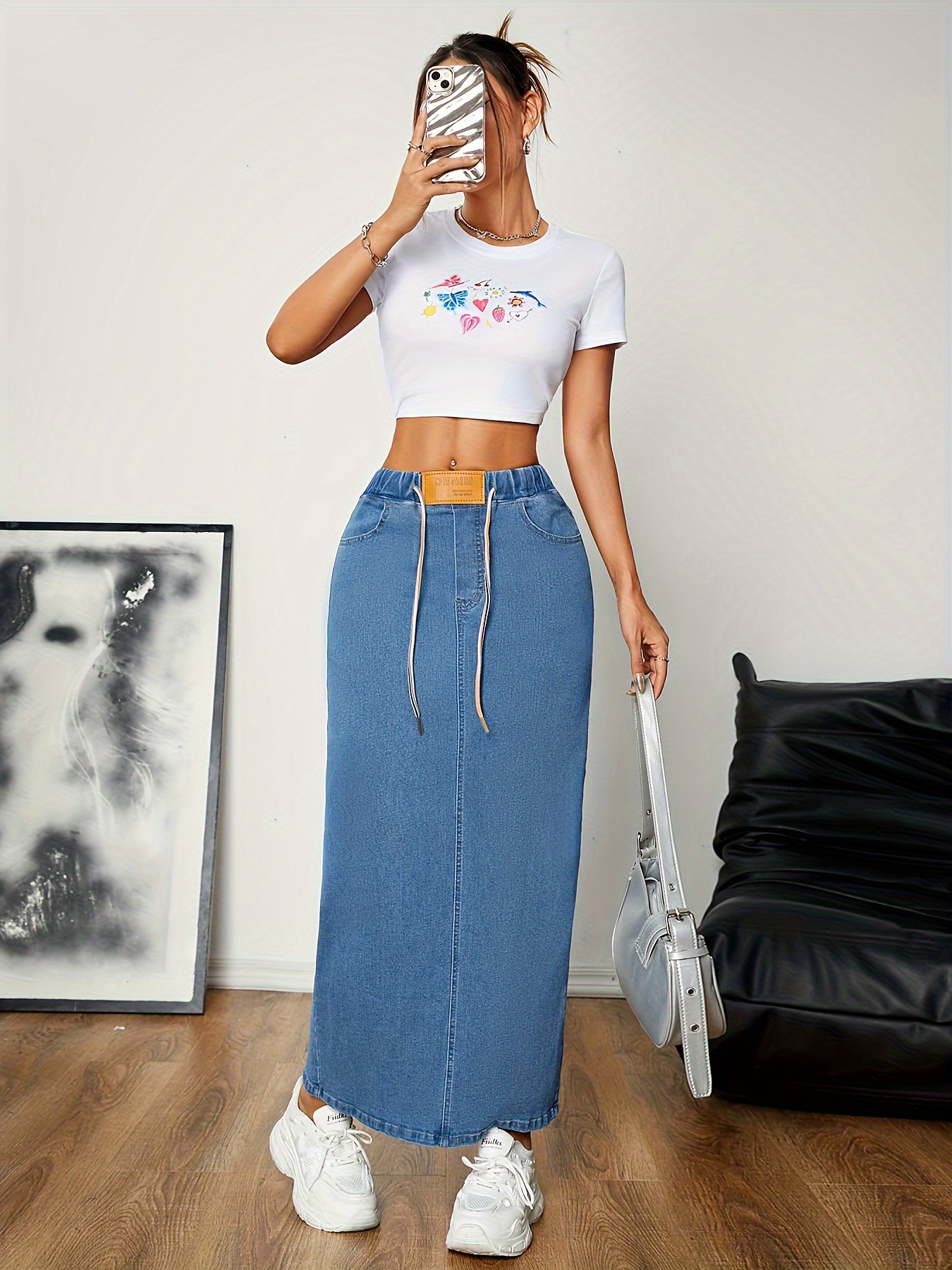 Crop Top High Waisted Jean Skirt Outfit Women's Casual Denim