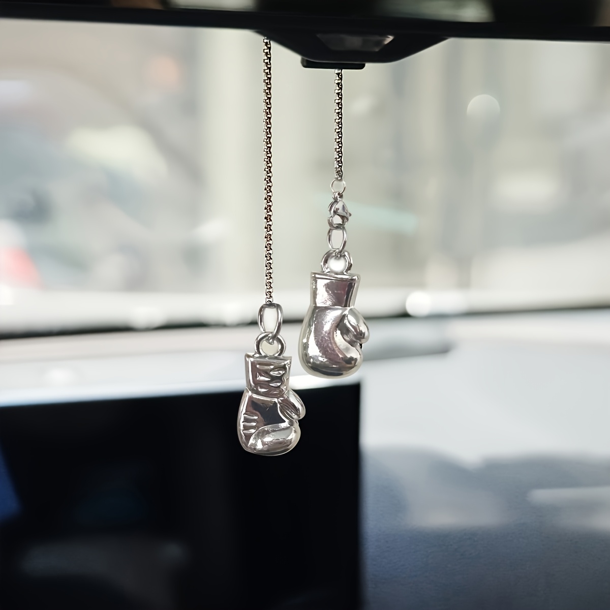 Image of Titanium Alloy Boxing Glove Car Rearview Mirror Pendant, Metal Hanging Ornament For Rearview Mirror Decoration, Car Interior Decor, Party Holiday Gift, Unscented