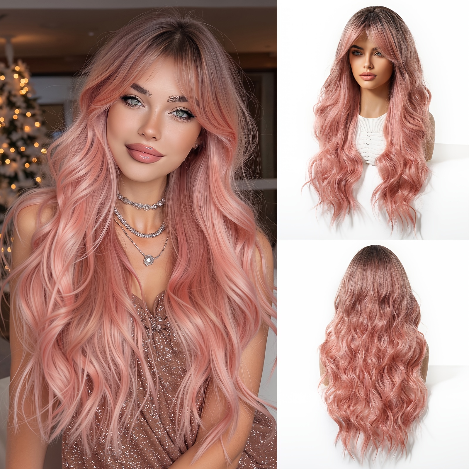 E-shop 28-Zoll rosa Perücke mit Acht-förmigem Pony, langen lockigen synthetischen Hochtemperaturfasern dunkler Kopfhaut, elegant für den , geeignet für