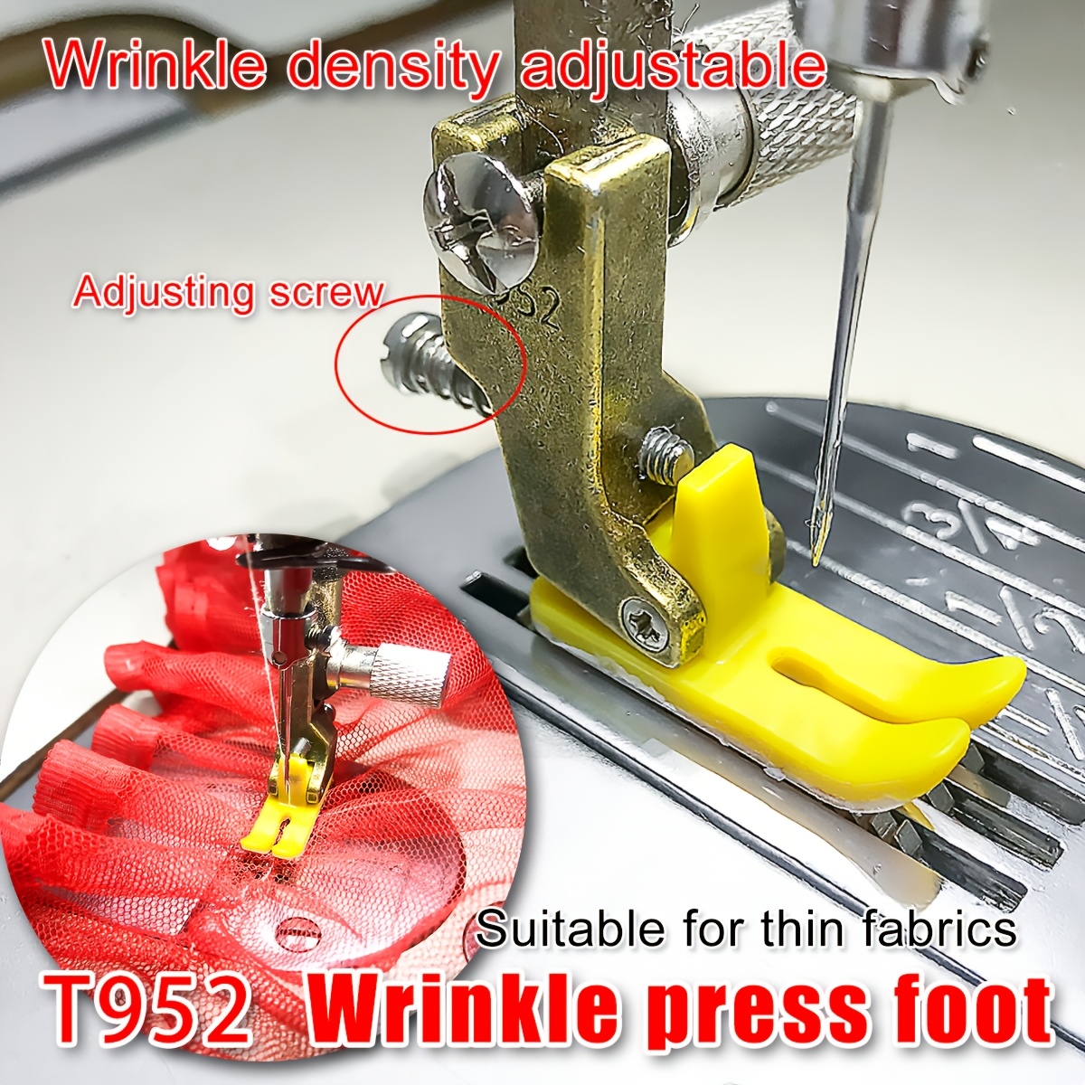 

1pc T952 Adjustable Ruffle Sewing Machine Presser Foot, Universal Fit, Plastic, For Thin Fabrics, Yellow