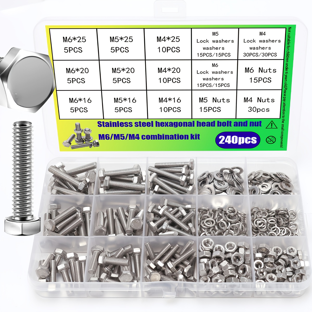 TEMU Kit assortito da 240 pezzi di bulloni esagonali e dadi in acciaio inossidabile - Set di viti a testa esagonale M4/M5/M6, dadi, rondelle di