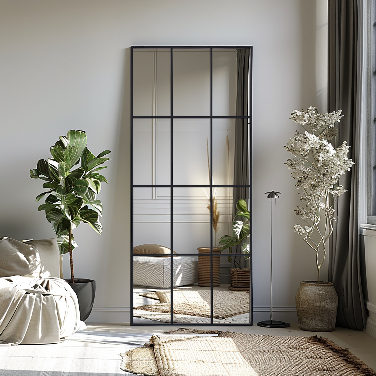Image of Window Mirror, 60 X165cm Grid Wall Mirror, Rectangle Window Mirror, Black Metal Frame Farmhouse, Accent Decorative Mirror, Bathroom Mirror, Makeup Mirror For Bathroom Bedroom And Living Room