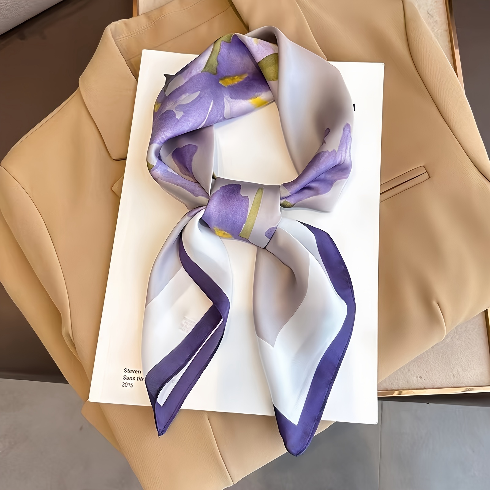 

27.55in Women's Purple Flower Print Square Scarf, Soft And Lightweight Headband, Elegant Decorative Headscarf