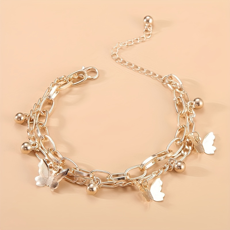 

1pc Bracelet élégant avec breloques papillon et perles, Bijoux de mode double couche en de zinc pour femmes, Accessoire de port , Compatible toutes