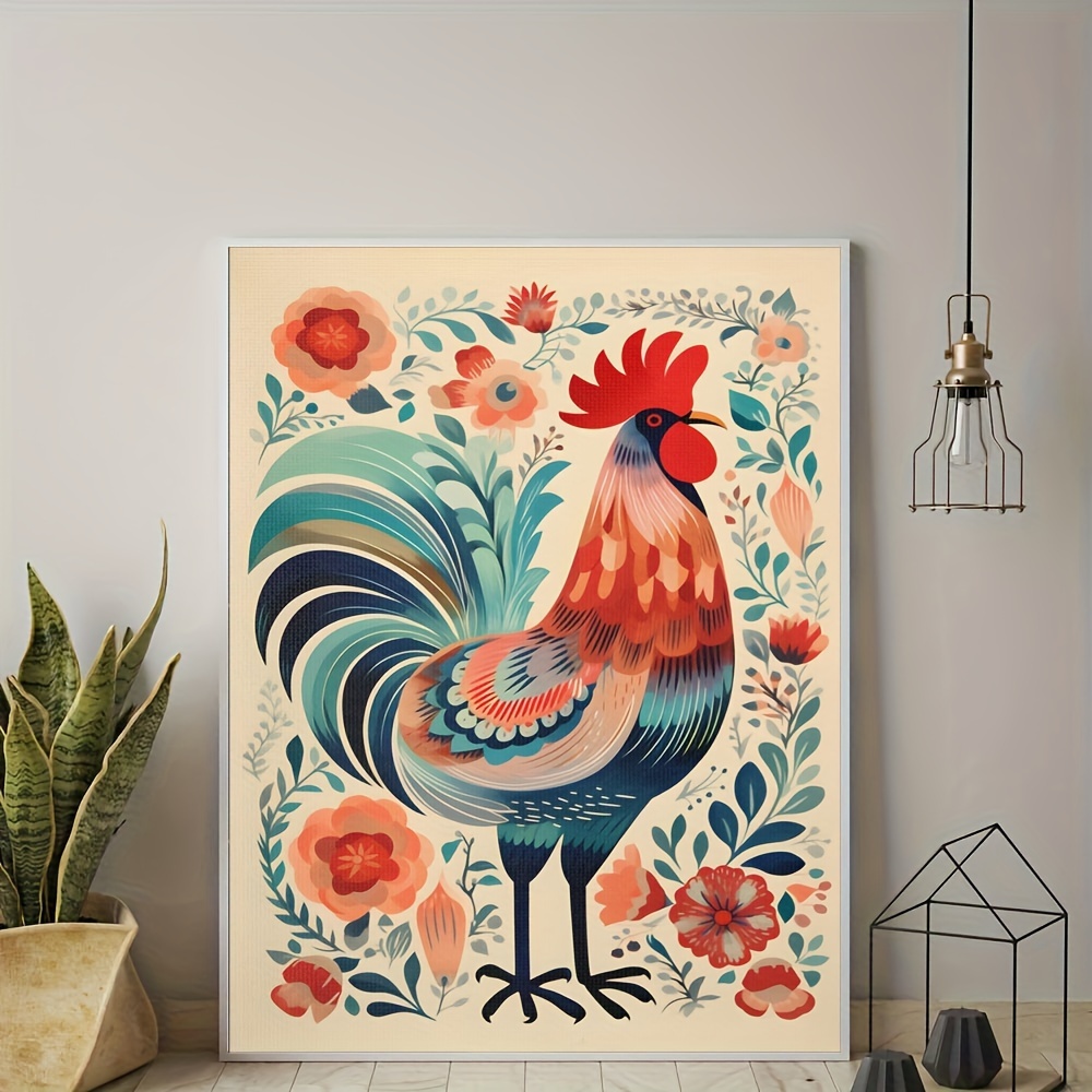 

Rooster Folk Art Print Scandinavian Norwegian Folk Art Chicken Illustration Kitchen Colorful Vibrant Farm Animal Painting, Living Room, Bedroom, Canvas Wall Art Decor, Frameless 12x16in