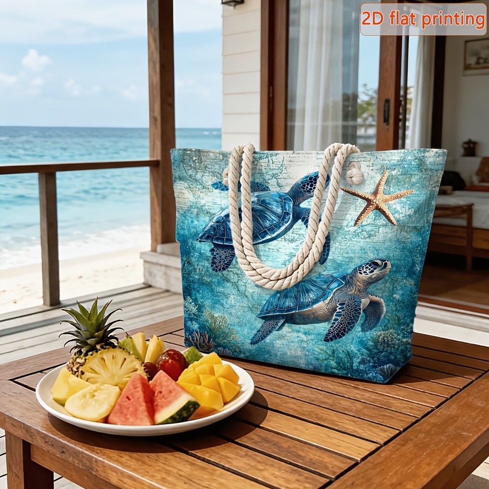TEMU 1pc 2d Flat Women's Large Capacity Travel Tote Bag, Sea Turtle And Starfish Print Pattern - Fiber Beach Bag With Dual Comfortable Handles And