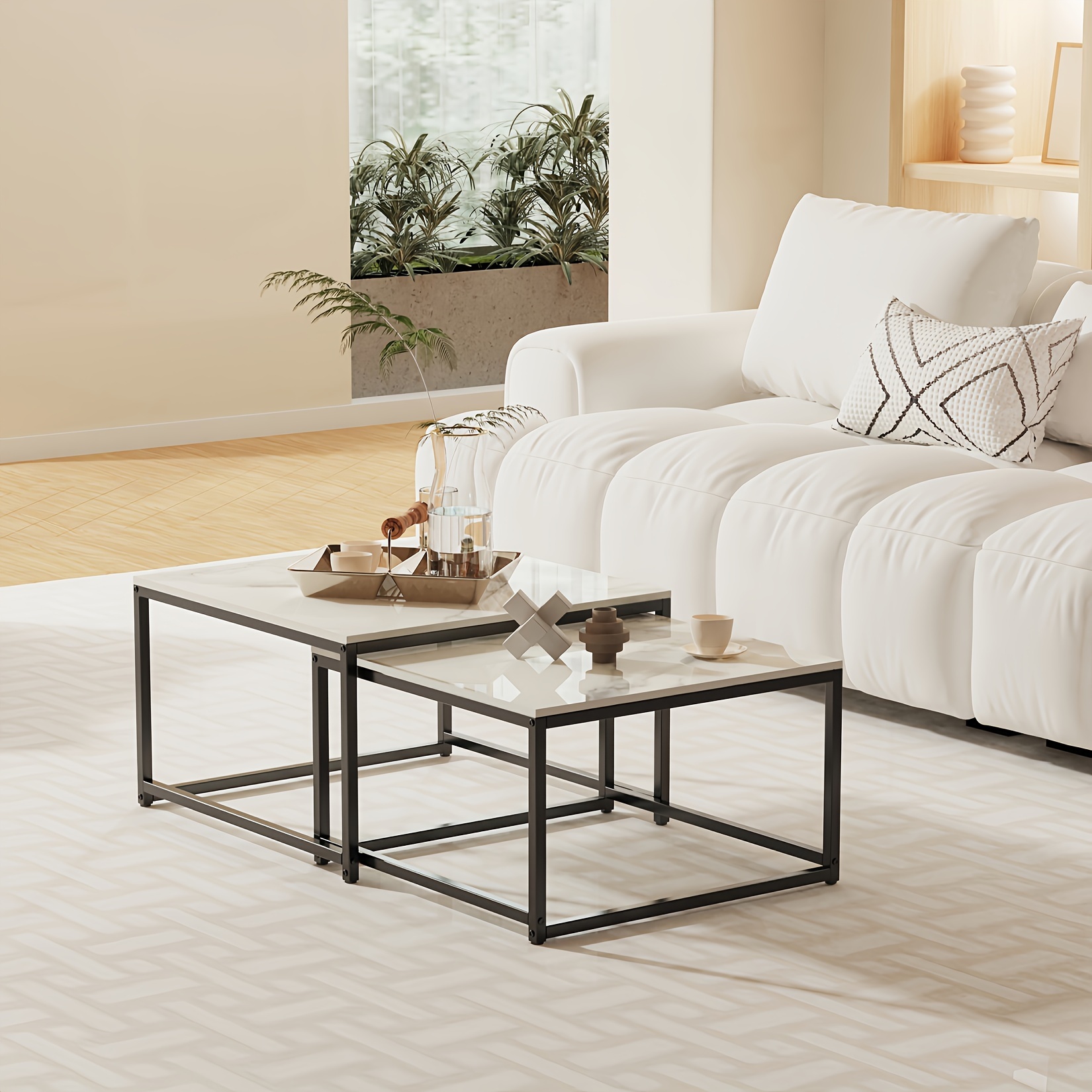 square sintered stone stackable nesting coffee tables set of 2 modern end side table dark grey   texture tabletop and black legs sofa side table for living room apartment home office