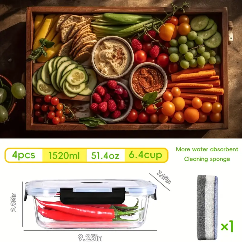 4 piece glass container set 1520ml 51 4oz 6 4cup microwave safe bpa free reusable food containers with secure latches Product details 1