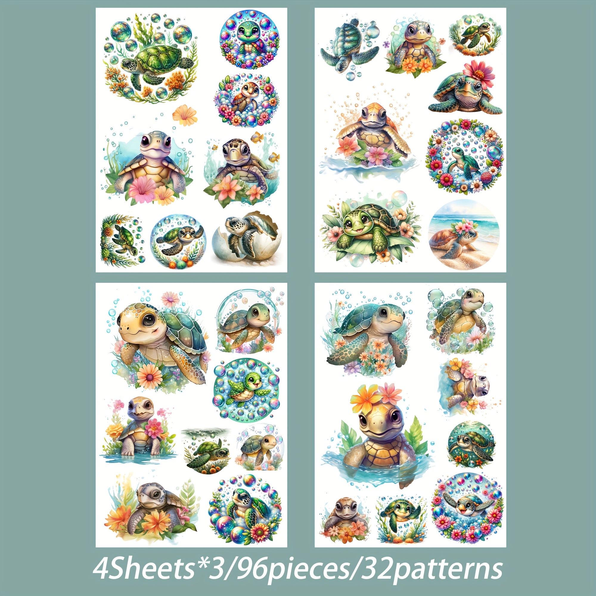 2d Flat 96pcs Turtle Theme Self-adhesive Cartoon Stickers, Perfect For Journal Supplies, Scrapbooking Supplies, Crafts, Scrapbooking Additions, Water Bottle, Skateboard, Arts Art, Watercolor Art