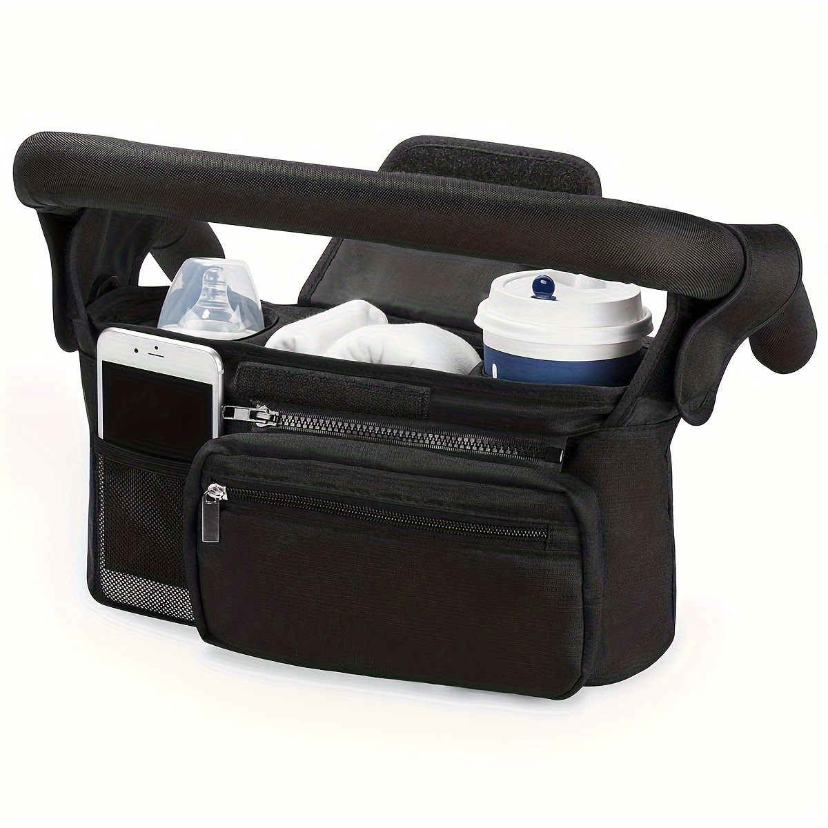 

Universal Stroller Organizer With Diaper Storage, Insulated Cup Holders, Secure Straps, Detachable Bag, Pockets For Toys, Phone And Keys
