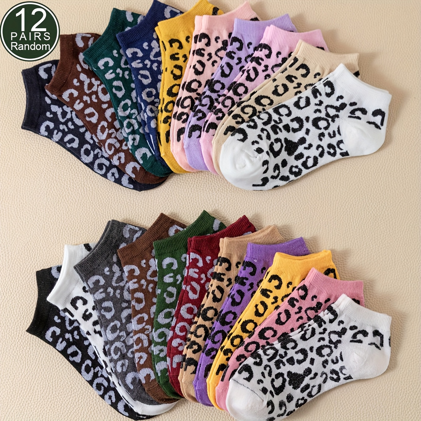 E-shop 12 Paar Damen Socken, zufällige Bonbonfarben, Leopardenmuster, modische Damensocken, weich und bequem, geeignet für den täglichen Gebrauch,