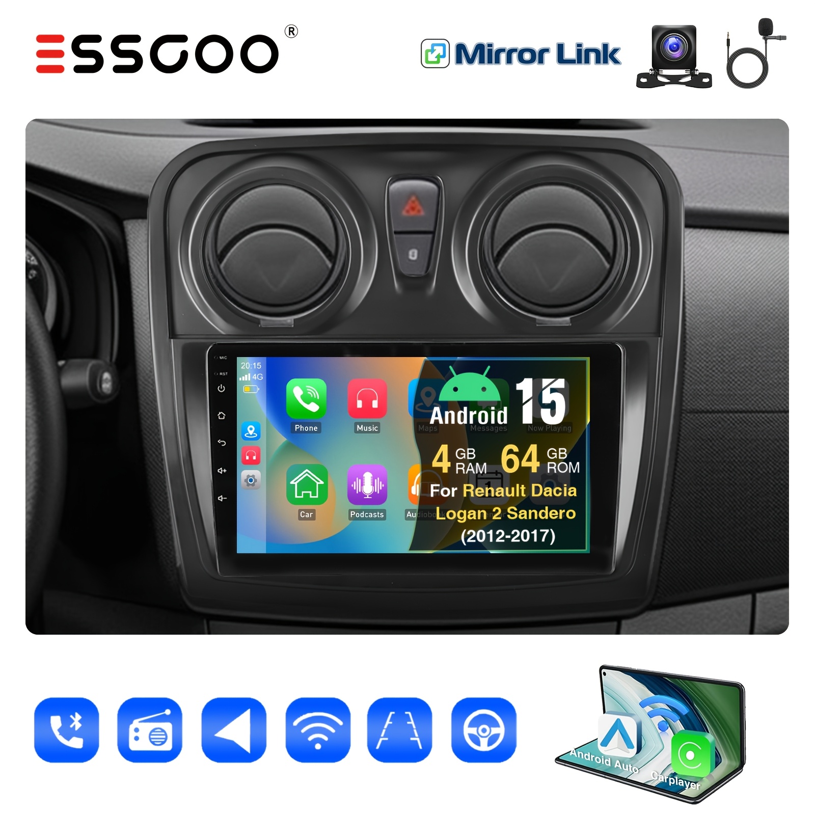 Essgoo [4gb + 64gb Rom] 15 Car Stereo Radio For Renault 2 2012-2017 | 2 Din 9 Inch Ips Screen With , Auto
