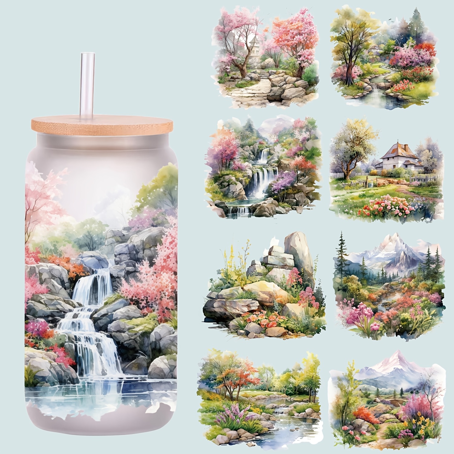 

5pcs/set High-quality Uv Dtf Vinyl Landscape Decorative Transfer Paper For 16oz Glass Jars - Nature Scenes, Waterproof & , Crafting & Storage