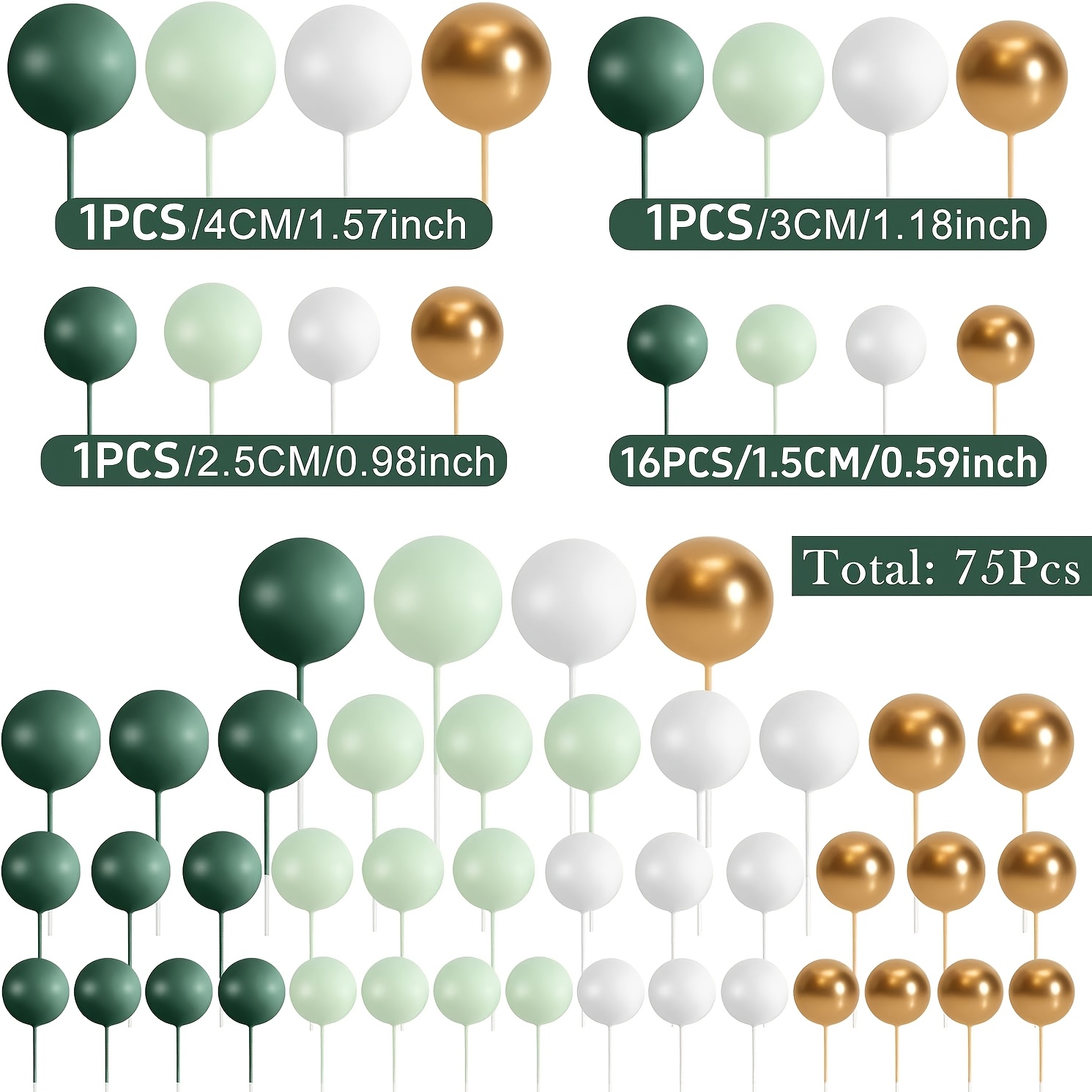 75pcs Cake Balls Topper Decorations Foam Cupcake Topper Mini Balloon Cake Topper Balls Cake Picks For Cake Deco Birthday Party Wedding Green,golden, White
