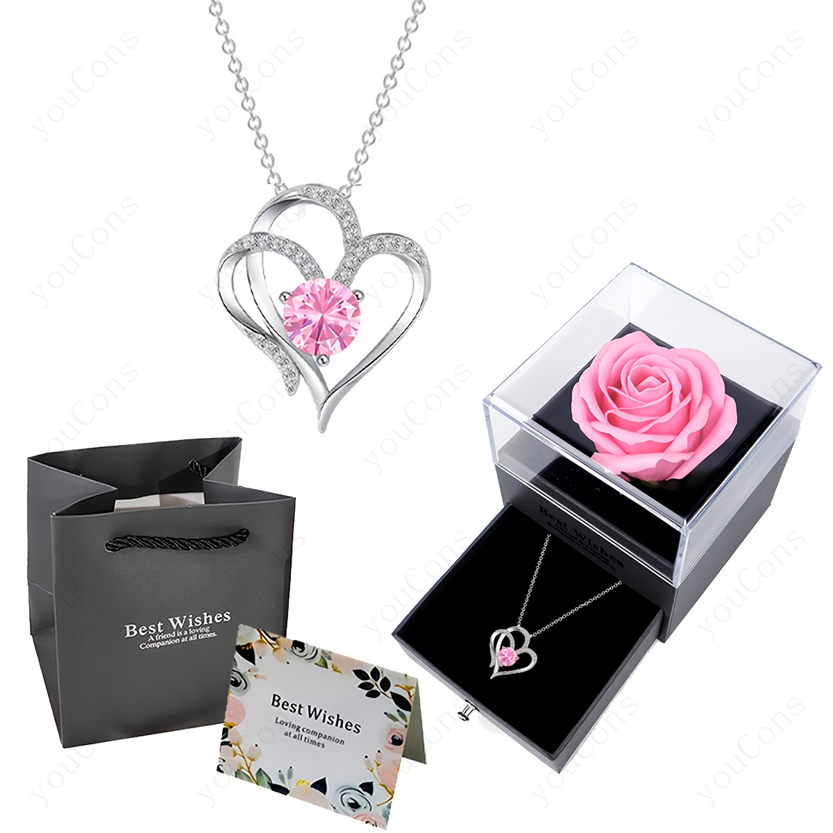 TEMU Un ensemble de pendentifs et de cœur avec des pierres de synthétique rose , présentés dans une boîte cadeau avec des roses roses et une carte de