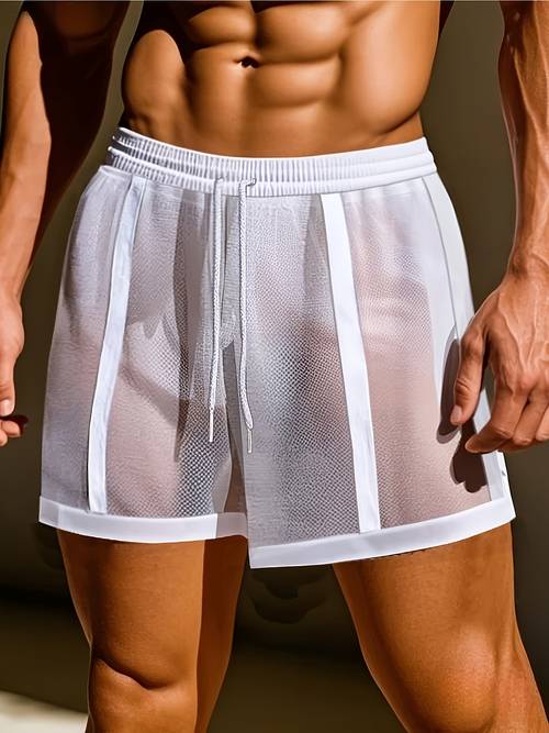 grænseoverskridende 2026 forår/sommer nye tynde hurtigtørrende åndbare mesh sexede gennemsigtige shorts til mænd, moderigtige kontrastfarvede stribede strandfest natklub opvisningstøj, sporty afslappede bukser