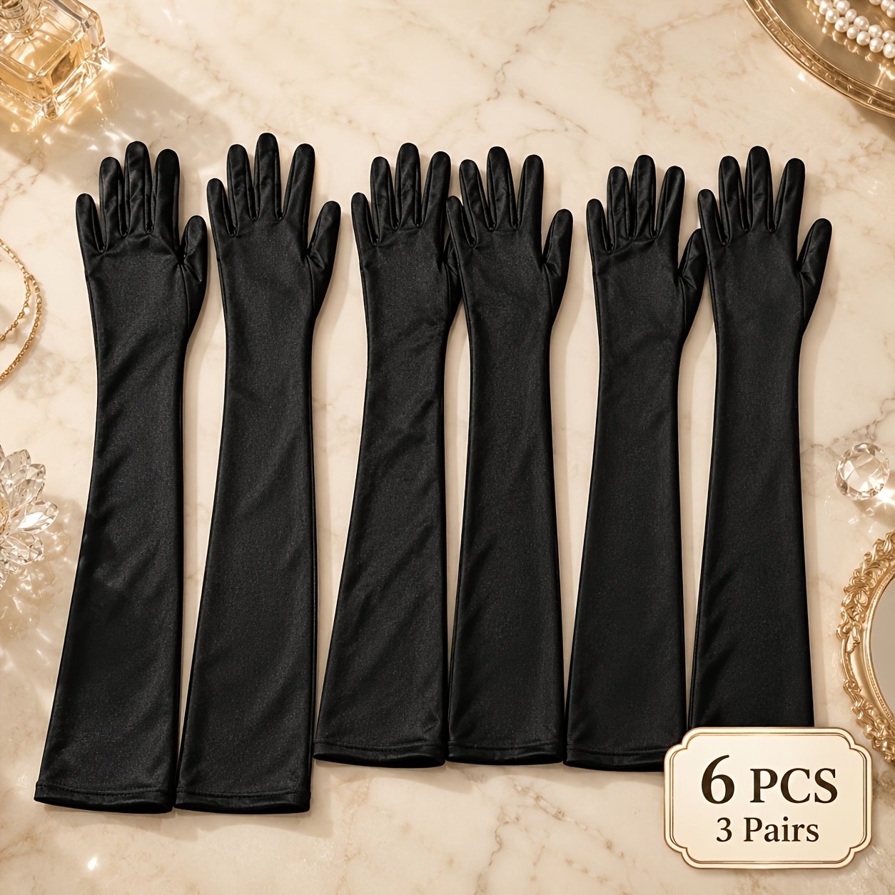 TEMU 3 Pairs Women's Black Long Satin Gloves, Opera Style Formal Long Gloves, Elastic And Smooth Evening Gloves, Elegant Elastic Full-finger Gloves,