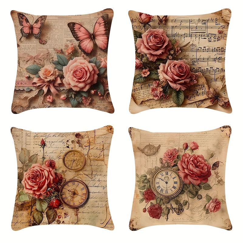 

4pcs Rustic Vintage Botanical And Musical Notes Print Throw Pillow Covers, Soft Decorative Cushion Cases For Living Room Bedroom Sofa, No Insert, 18x18 Inches