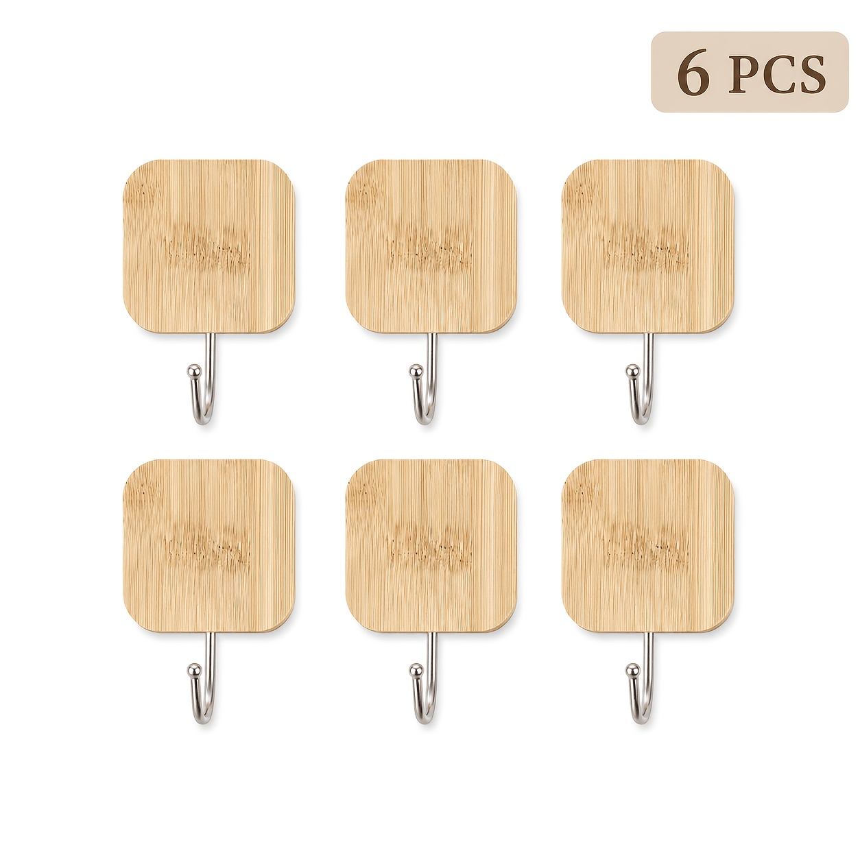 TEMU Lot de 3/6 crochets muraux auto-adhésifs pour de bain, cuisines, chambres - Dos adhésif perçage et cintres en bois , encombrants - Suspension