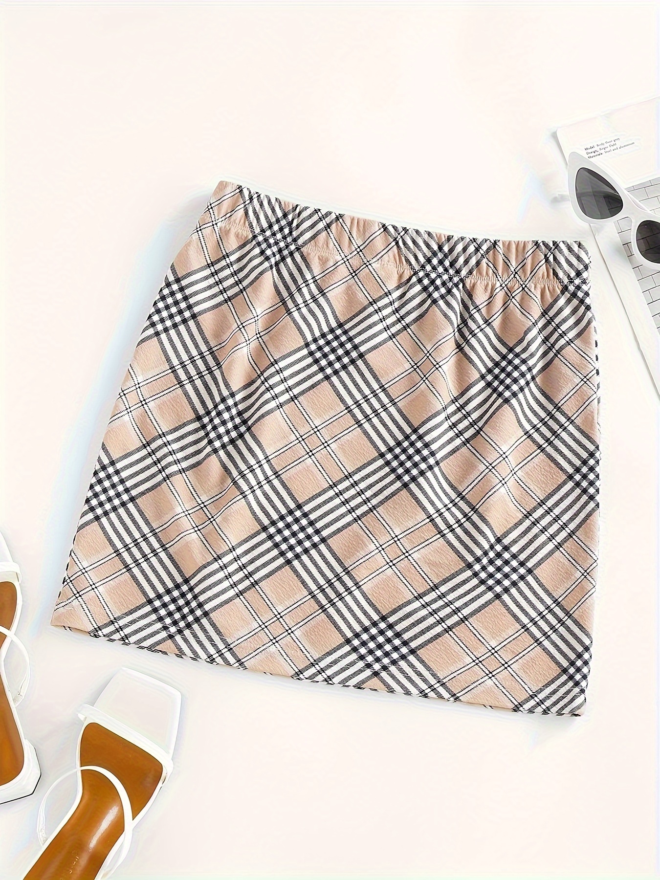 Elastic Waist Plaid Mini Skirt Elegant Slim Bodycon Skirt - Temu