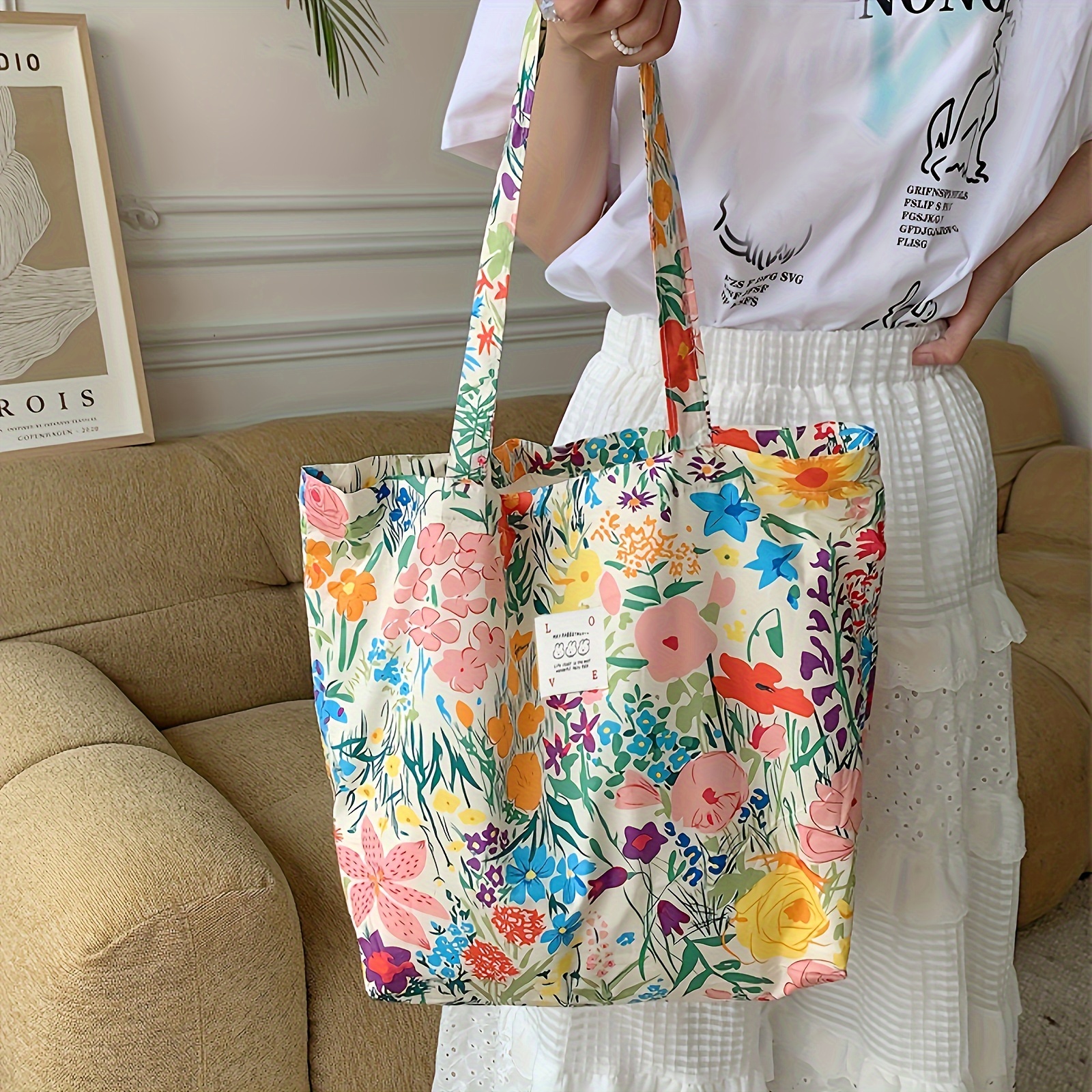 

Summer Floral Bag, Large Capacity Canvas Bag, Beach Bag, Shopping Bag, Shoulder Bag