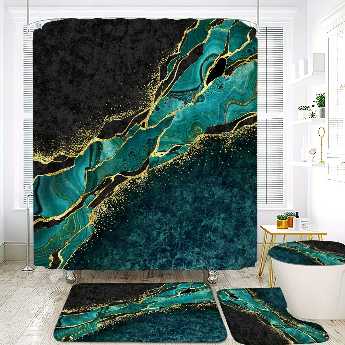 

Emerald Ink & Shower Set Bathroom Rugs, U-shaped Mat, Toilet Lid , - - Includes 12 , Washable,