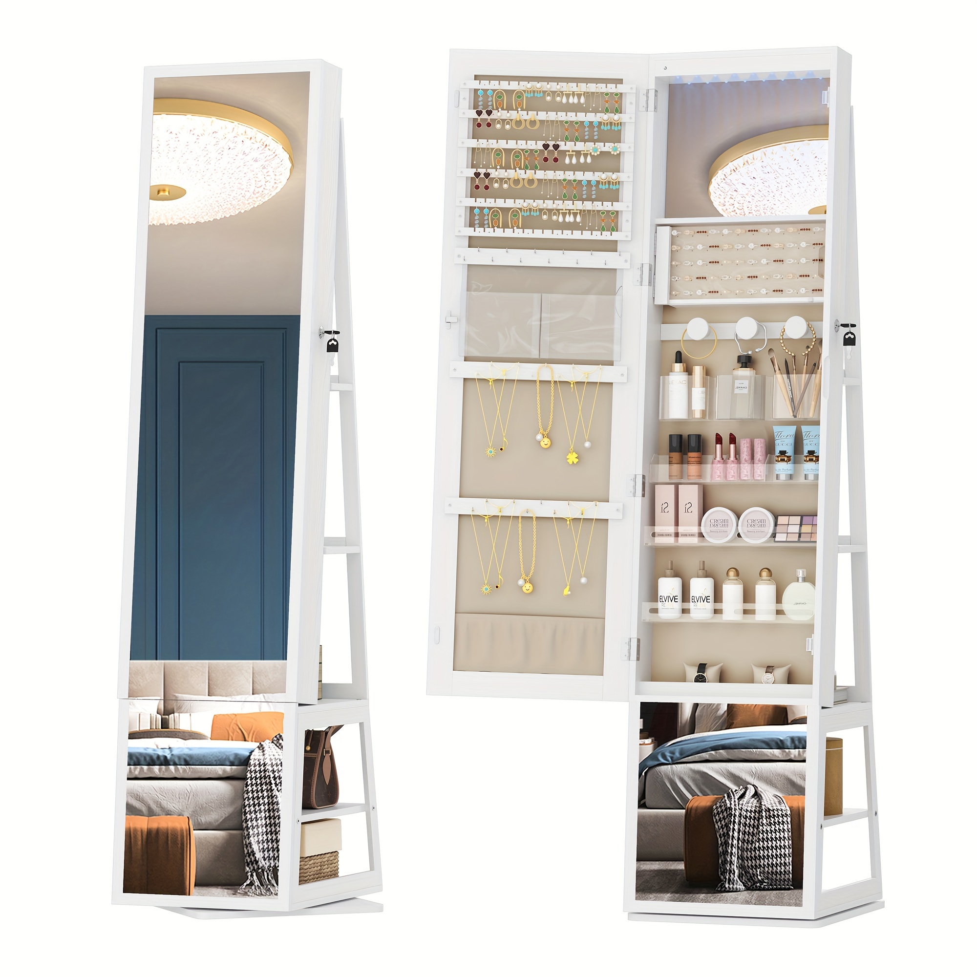 16 Led Jewelry Cabinet, 160cm Free Standing Jewelry Organizer With 360° Rotating Base, Full Length Lockable Mirror, White And And Beige/rustic Brown, Jewelry Armoires
