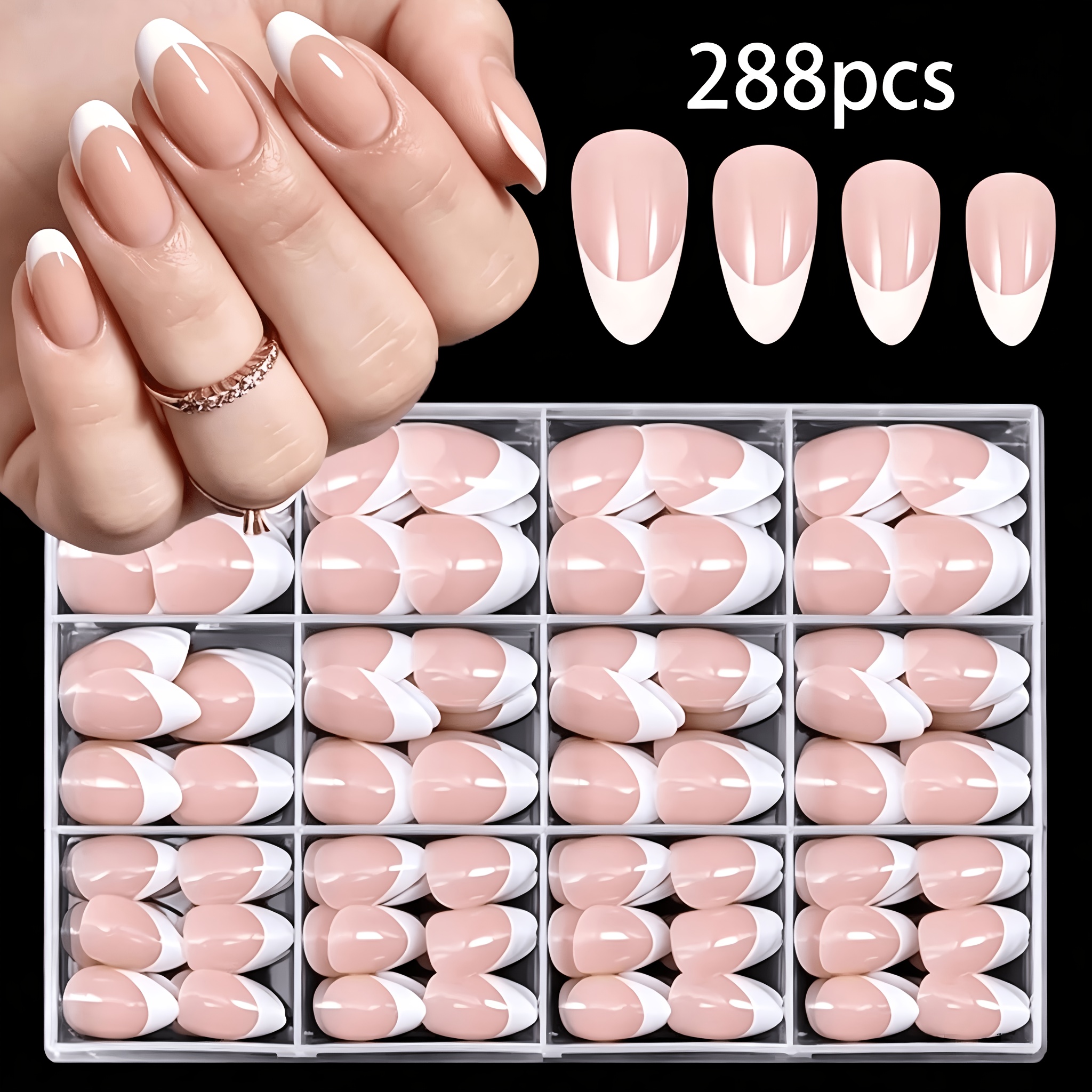 TEMU 288pcs Short Almond Nail Tips For Women, Nude And White French Manicure Stickers With 12 Sizes, Reusable Extension, Long-lasting Short Tips For