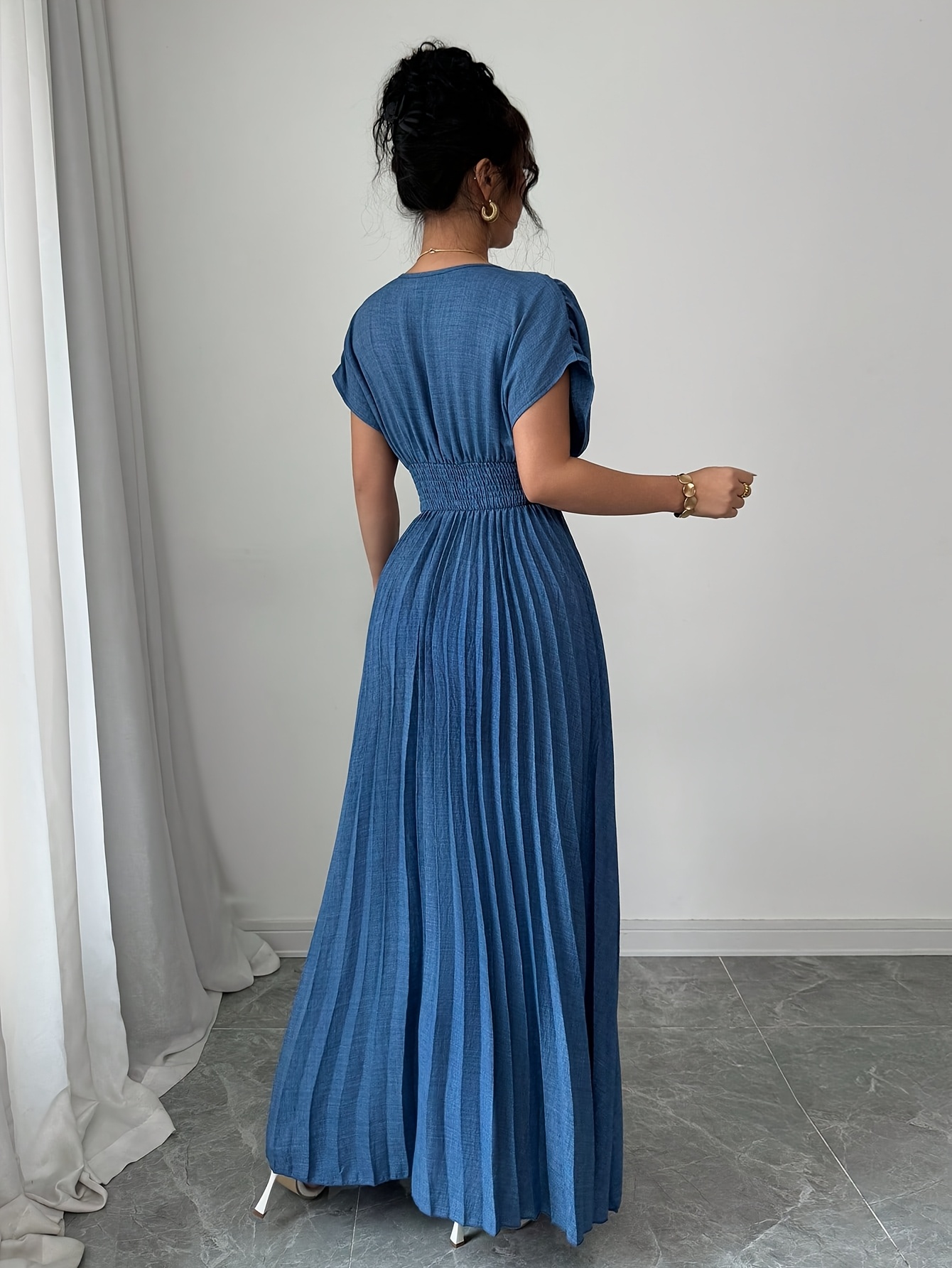 Women'S Elegant Blue Cross-Front Waist-Cinching Dress, Ultra-Long Hem *  Gown, Fashionable Front Design, Machine Washable, Summer Fashion, Summer  Clothing