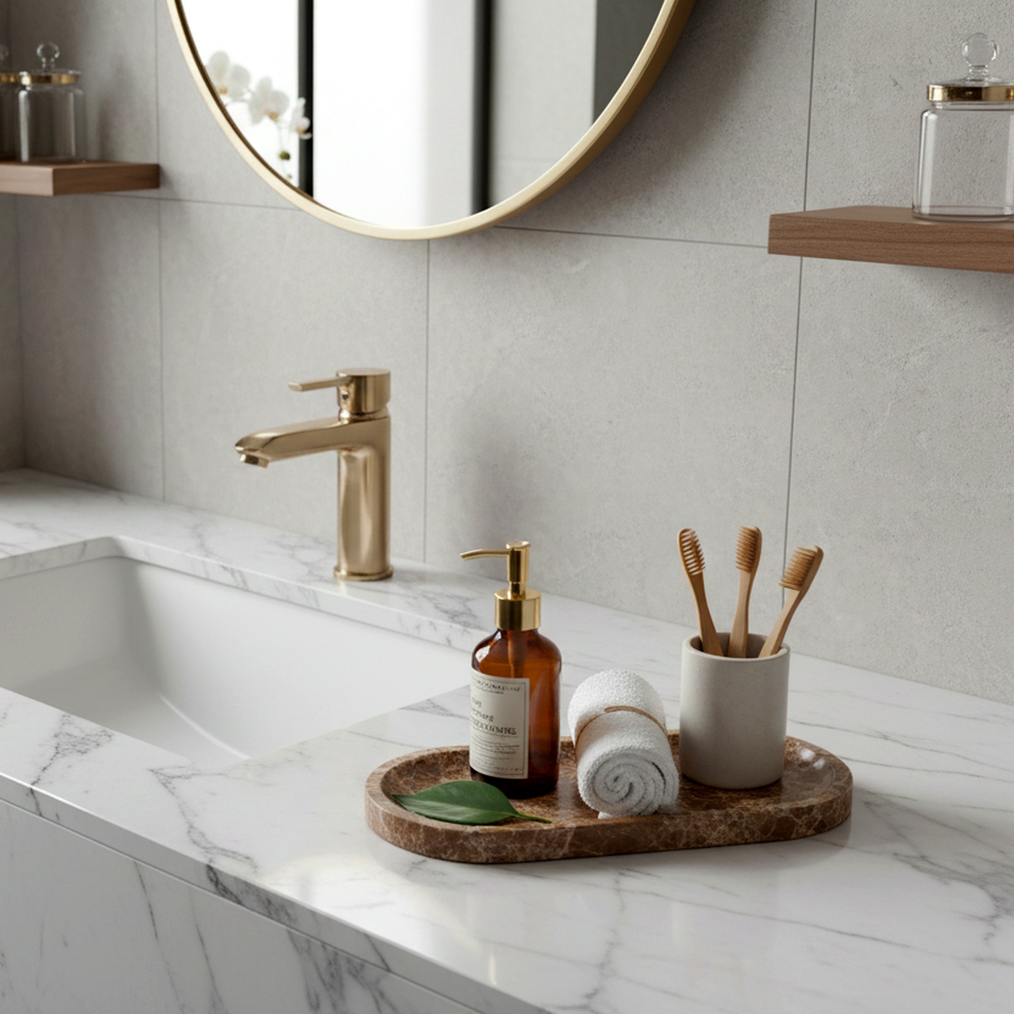 Image of 1pc Bathroom Vanity Tray - Marble Pattern Marble Countertop Organizer, Polished Marble Jewelry Holder For, Compatible Decorative Storage Tray For Home, Spa, Hotel ( Accessory), Non-