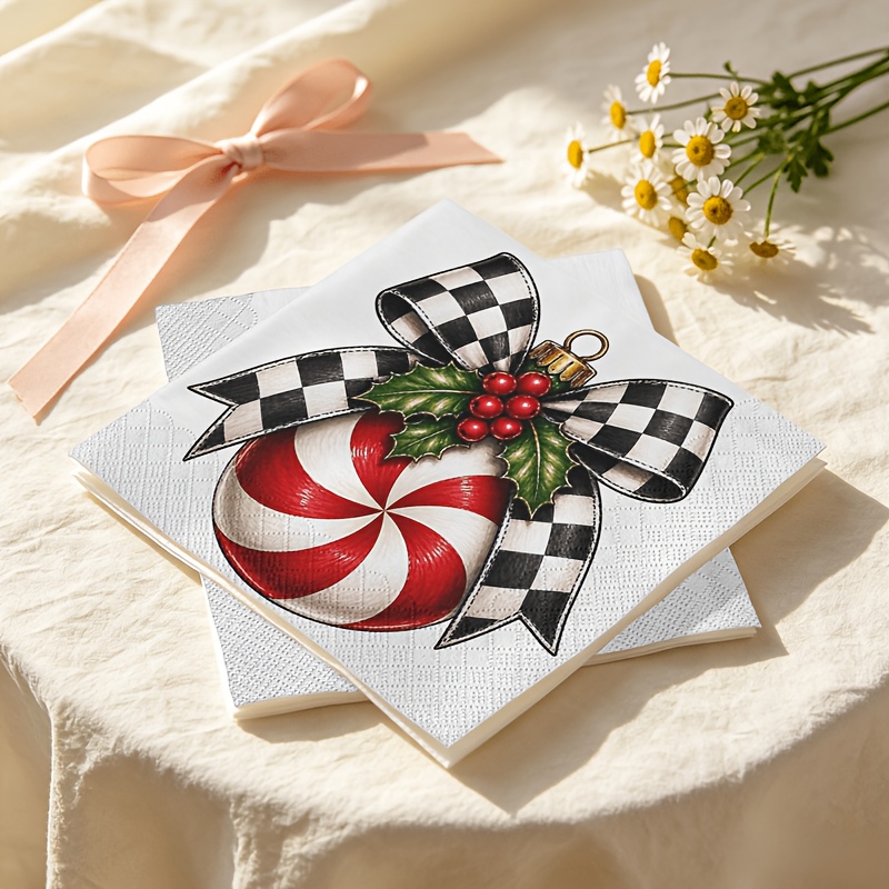 TEMU Product: 20pcs Christmas Napkins, Red And White Spiral Candy Balls, Black And White Bows, Holly Leaves And Berry Decorations, Vintage Hand-drawn
