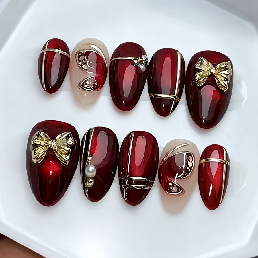 TEMU Kit de 10 uñas postizas de lujo de tamaño mediano forma , estilo glamuroso vino con incrustaciones de pedrería y dorado 3D, metálicas y