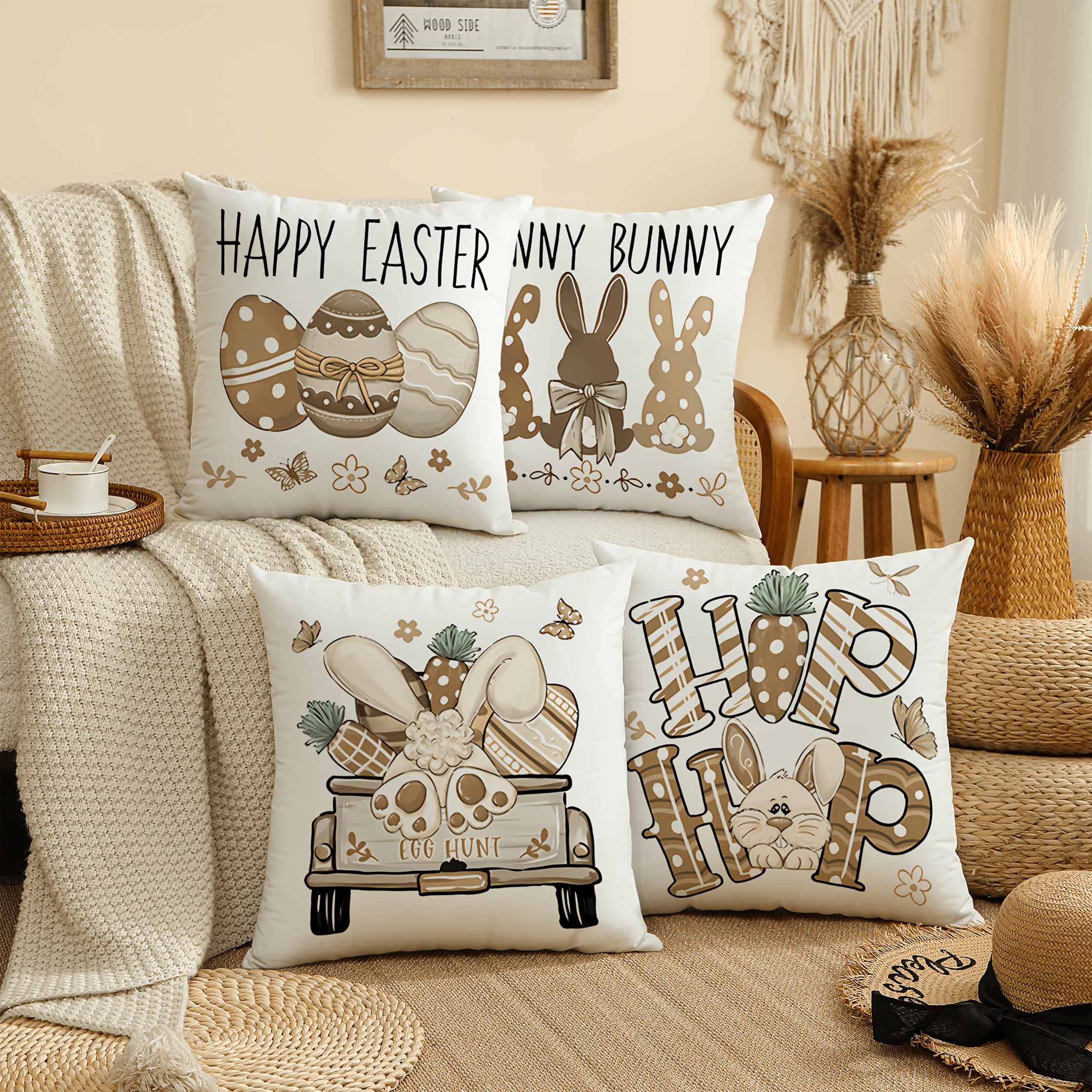 

Set Of 4 Easter Themed Velvet Throw Pillow Covers, 18x18 Inch, Contemporary Zippered Polyester Cushion Cases, Machine Washable, Woven, With Filler Not Included For Home Decor