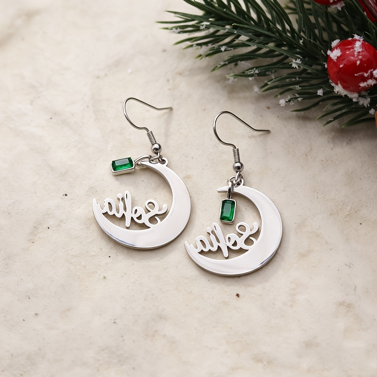 Personalized Green Crescent Moon Name Earrings, Gift for Her