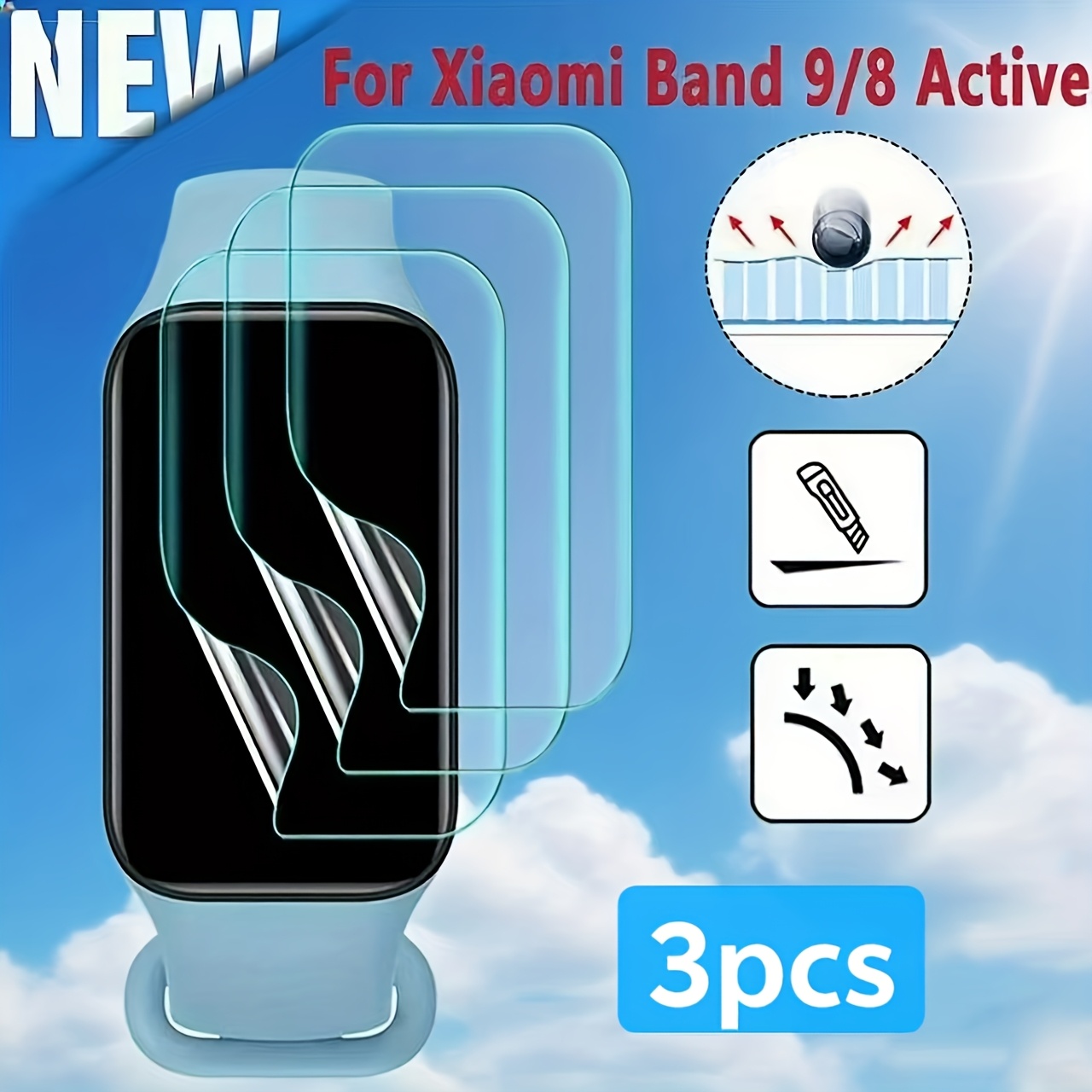 TEMU Película de hidrogel de 3 piezas para reloj inteligente Xiaomi Band 9 Active / 8 Active, película de hidrogel transparente antiarañazos,