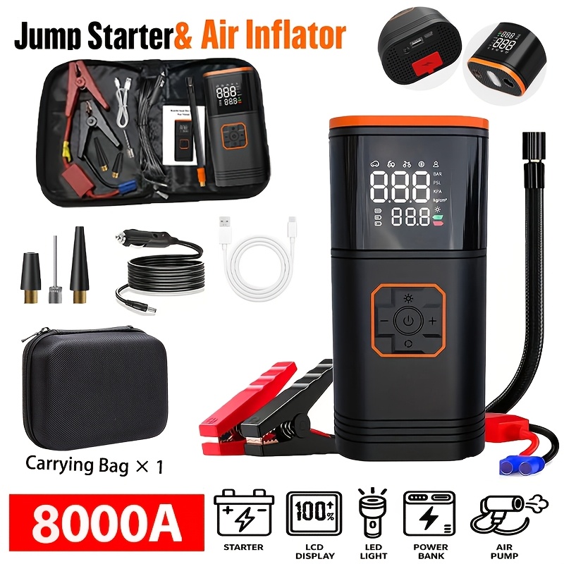 TEMU Arrancador de Coche Portátil, 8000A de Pico de de Emergencia, Inflador de Neumáticos de 250PSI, Rápido de 12V, Entrada/ USB, Luz de Emergencia