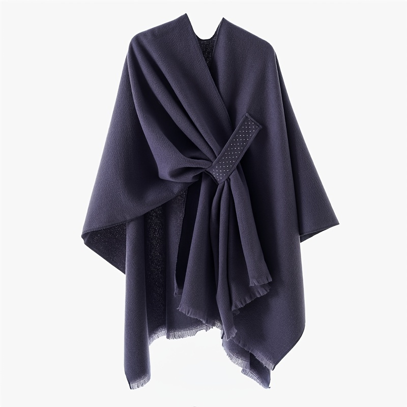 

Elegant Women's Shawl With Rhinestone Detail - Warm, Windproof Cape In Solid Color,