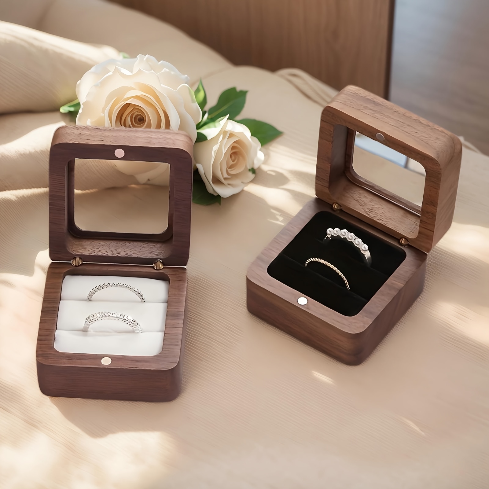 

1pc Portable Wooden Ring Box For 2 Rings - Wedding And Jewelry Presentation