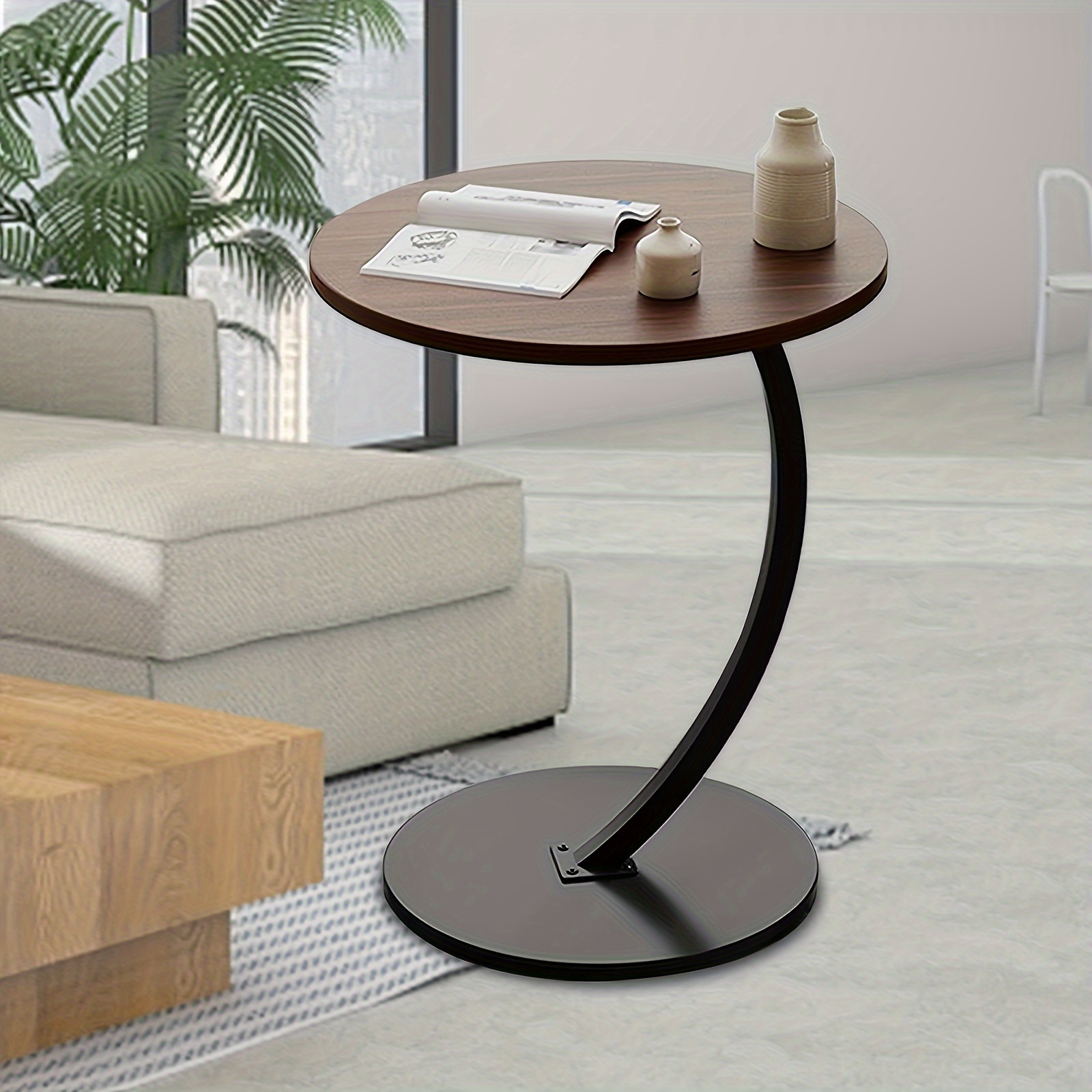 

1pc Wooden C-shaped Side Table For Couch, Sofa, And Bed, Stylish And Functional Table For Living Room And Bedroom