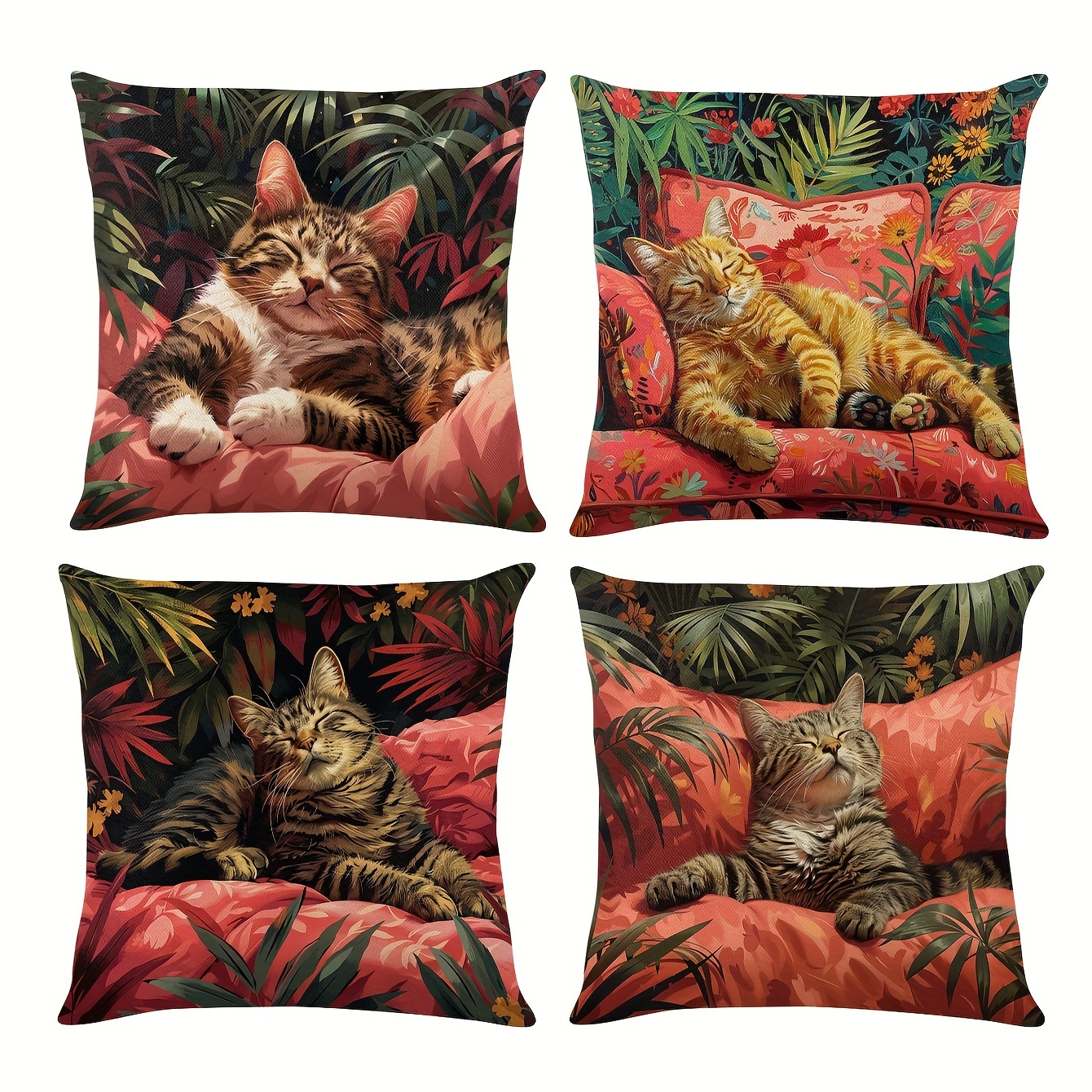 

Tropical Style Cat Pattern Linen Throw Pillow Covers Set Of 4, Machine Washable Zippered Cushion Cases For Various Room Types, Decorative Knit Fabric Pillowcases 17x17 Inches (no Insert)