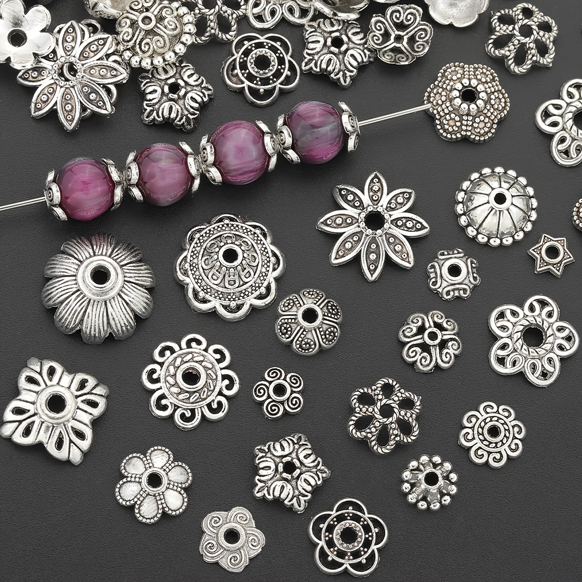 

[100pcs Bead Caps] 100pcs Zinc Alloy Bead Caps, Assorted Flower Designs, Jewelry Making End Caps For Diy Keychain, Earrings, Anklets Accessories