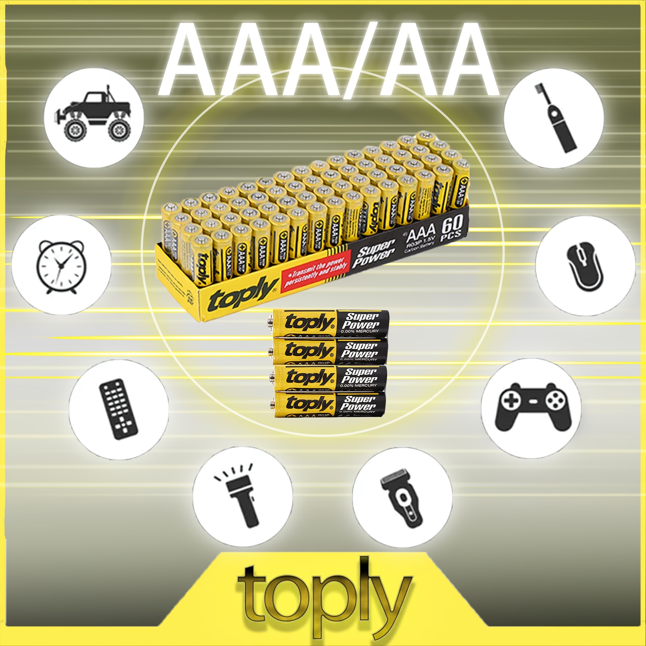 

Toply 60-pack Aaa/aa Batteries, 1.5v Carbon Zinc Non-rechargeable, Compatible With Led Lights, Toys, Remote Controls, Microphones, Alarm Clocks - Single Use