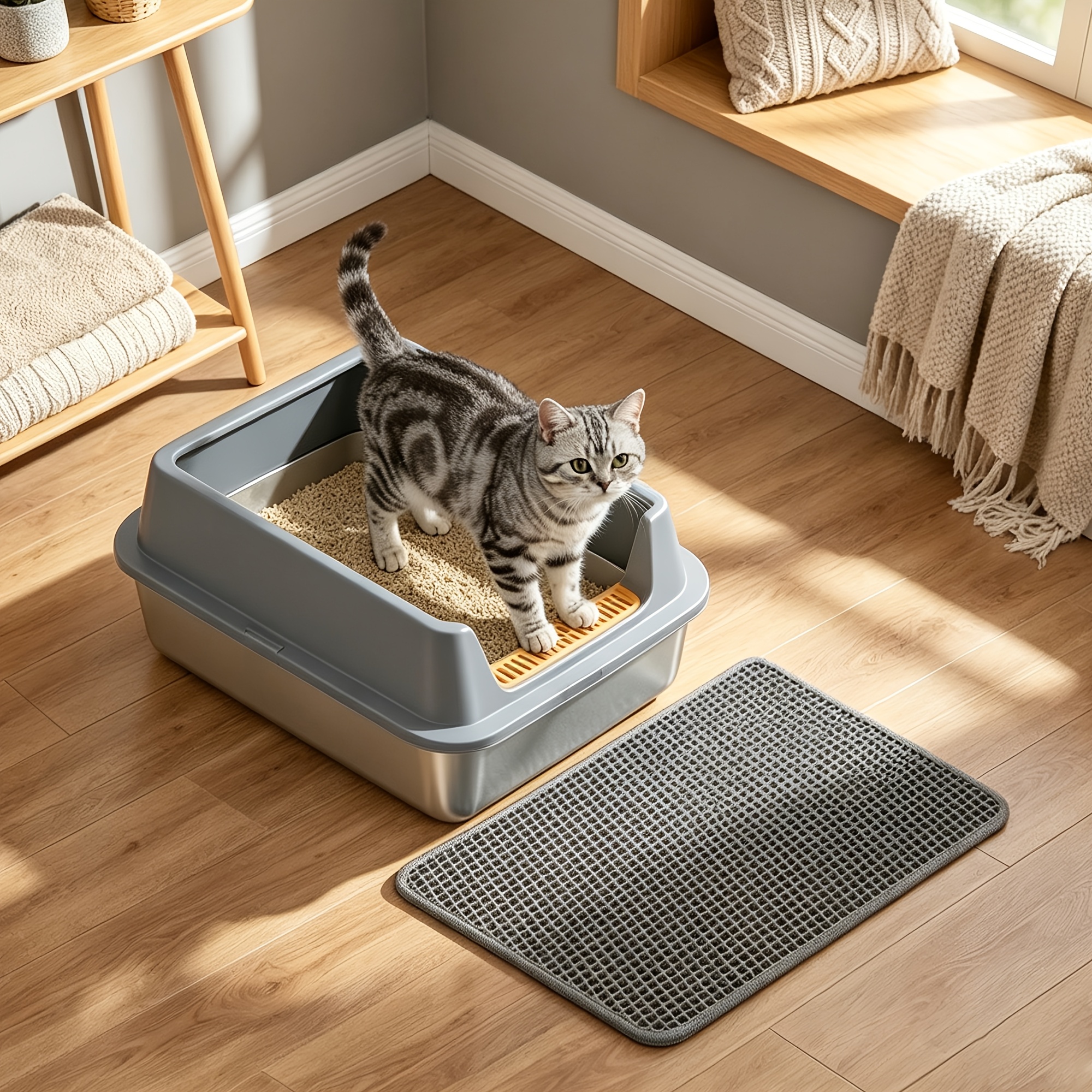 Thickened Stainless Steel Semi-enclosed Litter Box, Raised Sides, , Leak-proof, Easy To Clean, Standard With , Suitable For Multiple Cats, Without Battery