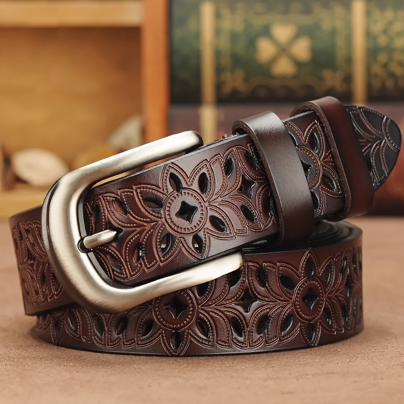 TEMU Vintage-inspired Floral Hollow Leather Belt For Women - Perfect Gift For Halloween & Christmas