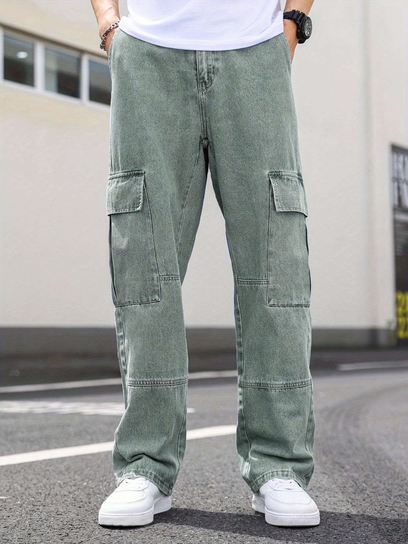 *'s Loose Fit Straight Leg Jeans With Side Pockets, Casual Cotton Blend  Denim Cargo Pants