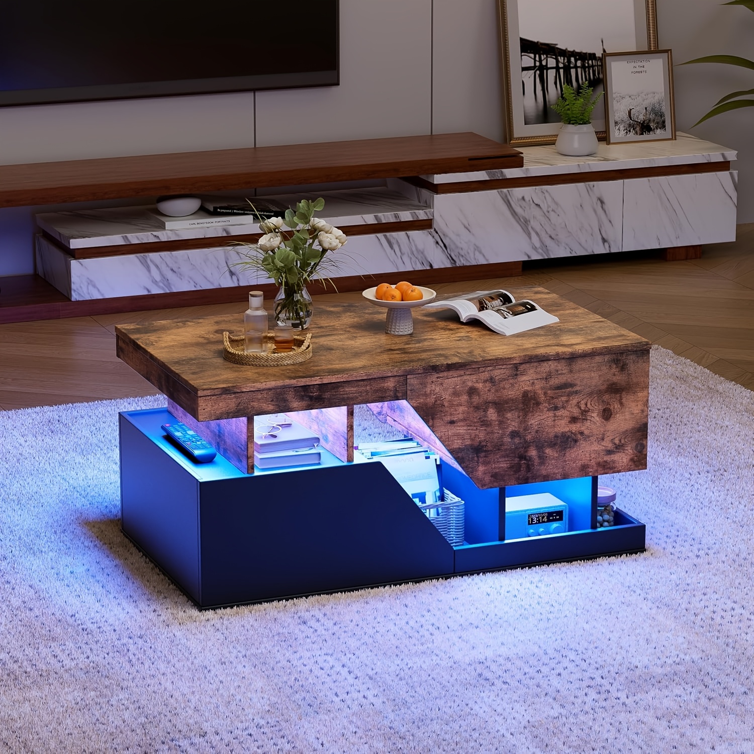 Image of Coffee Table With Led Lights, Living Room/dining Room Coffee Table, Brown, Living Room Furniture, Coffee Table With 4 Drawers And Open Storage Space, Sofa Table, 90 X 50 X 43cm