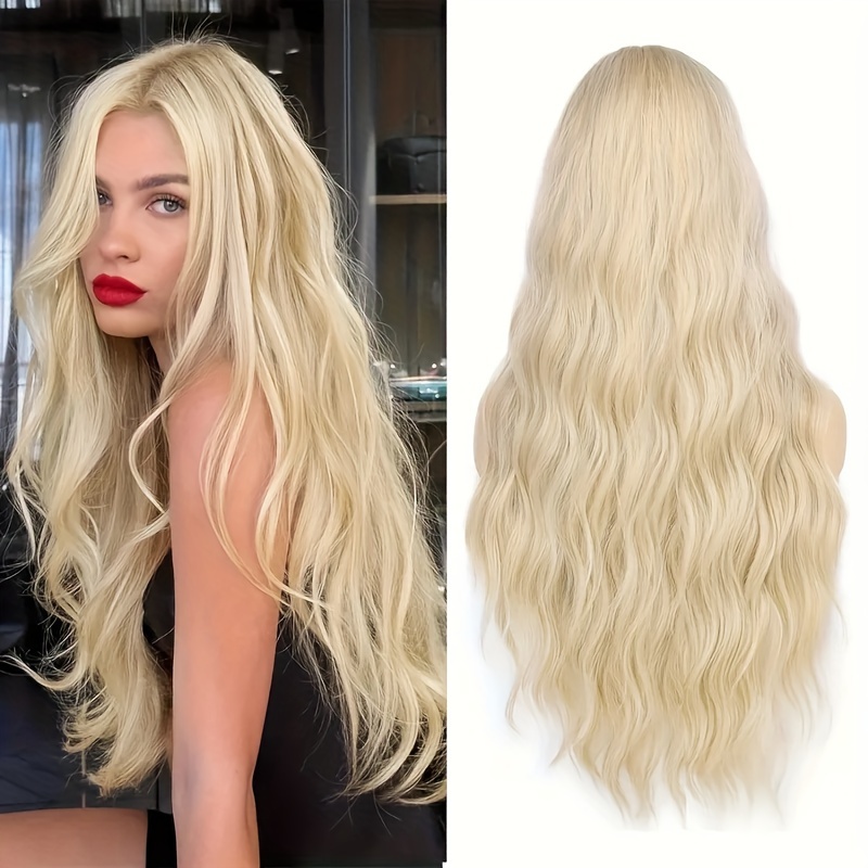 

Elegant 26-inch Blonde Wig With Middle Part - High-density 150% Synthetic Hair, Heat Resistant Fiber, Comfortable Cap With Adjustable Straps For All - Women's Style Wigs