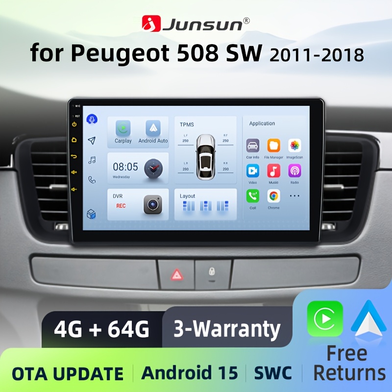 JUNSUN 15 Brezžični Carplay & Auto Avtoradio, 4+64GB, Multimedijski Stereo za 508SW 2011 2012 2013 2014 2015 2016 2017 2018, Zaslon na dotik FM