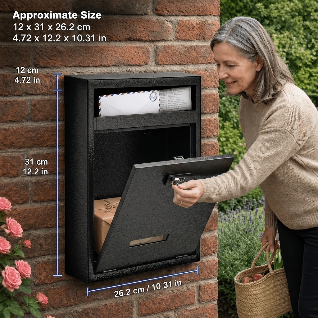 Image of 12inch Wall Mounted Mailbox Metal Large Capacity Outdoor Mailbox With Lock Key For Apartments Offices Garages, Suitable For Such As Apartments, Offices, Or Garages, , Space For Letters, Newspapers